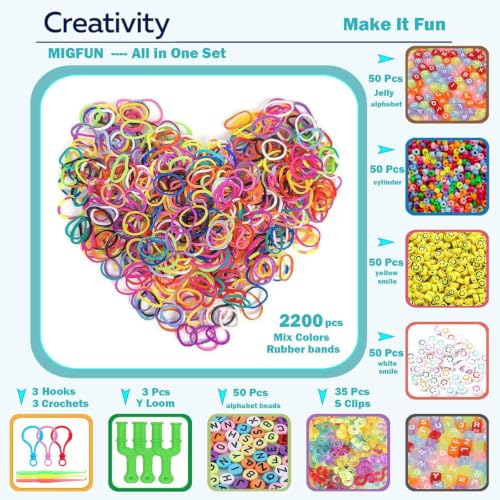 USKMOTO 2600+ Rubber Band Bracelet Kit, Loom Making Kit with Smile Face Beads Bands Alphabet Bead Set for Kids, Kids Friendship Girls Birthday Gift Kits Multicolor