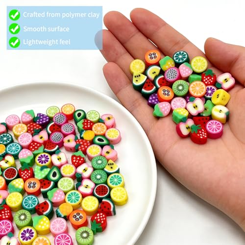 100 pcs Fruit Polymer Clay Beads, VEINARDYL Colorful Mixed Fruit Charm Bead Kit,Cute Fruits Clay Bead for DIY Crafts Earring Necklace Bracelets Making - color: Fruit