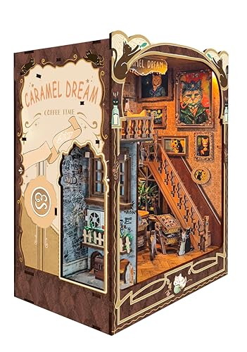 Cat Book Nook Miniature House Kit with Dust Cover Bookshelf Decor - color: Caramel Dreams