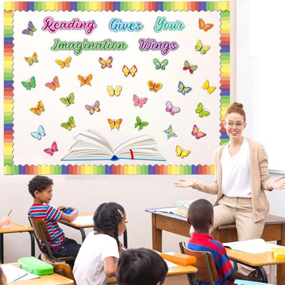 Reading Bulletin Board Decorations Set Classroom Spring Butterfly Bulletin Board Borders Cutouts Decor Reading Gives Your Imagination Wings School Bulletins Boards Craft Home Wall(Read) - style: Butterfly Reading