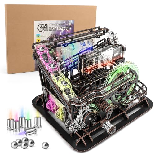 3D Wooden Puzzle Marble Run Mechanical Model Kit with LED Lights for Adults - style: Marble Run with LED Light