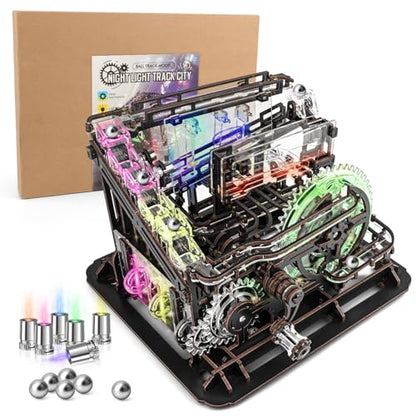 3D Wooden Puzzle Marble Run Mechanical Model Kit with LED Lights for Adults - style: Marble Run with LED Light