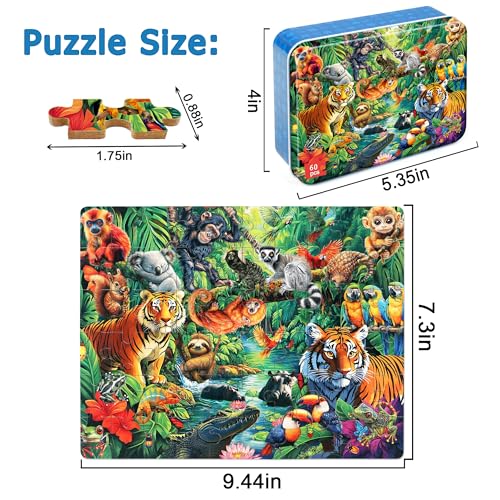 LELEMON Puzzles for Kids Ages 4-6, 60 Piece Puzzles for Kids in Metal Box - color: Jungle