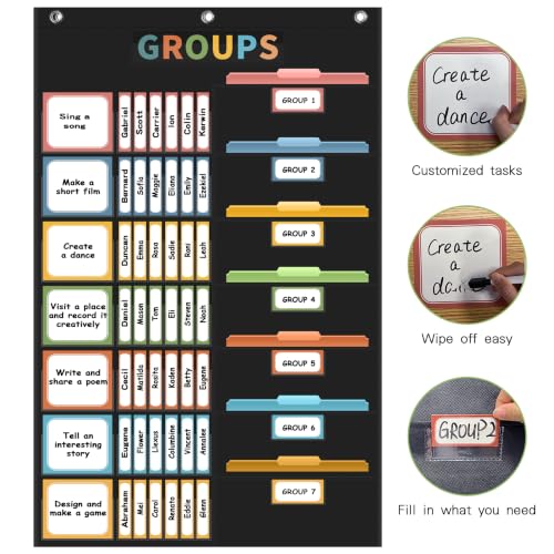 REGELETO Boho Small Group Management Pocket Chart with 114 Cards, Large Size 46 x 26.3 inch Classroom Small Group Organizer for School Teacher Homeschool Learning Supplies (Black) - size: 56-Pockets