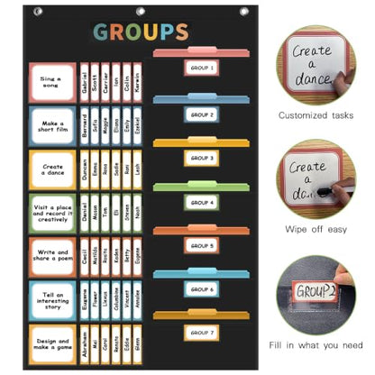 REGELETO Boho Small Group Management Pocket Chart with 114 Cards, Large Size 46 x 26.3 inch Classroom Small Group Organizer for School Teacher Homeschool Learning Supplies (Black) - size: 56-Pockets