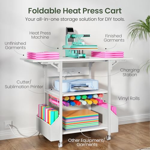 CHOEZON Foldable Heat Press Table with Charging Station, Movable Heat Transfer Stand with Vinyl Roll Holder and Storage Pockets, Mobile Workbench for DIY Sublimation Transfer, White TPS03UWB - color: White