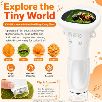 1000X Microscope for Kids, 2'' Screen Kids Wonder Quest Microscope Camera, Digital Handheld Microscope, Educational Kids Magnifying Glass, Christmas Birthday Gifts for Age 3 4 5 6 7 8 9 10- White - color: White