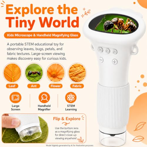 1000X Microscope for Kids, 2'' Screen Kids Wonder Quest Microscope Camera, Digital Handheld Microscope, Educational Kids Magnifying Glass, Christmas Birthday Gifts for Age 3 4 5 6 7 8 9 10- White - color: White