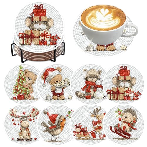 8 Pcs Christmas Diamond Art Coasters with Holder Cork Pads - color: Christmas C Coasters