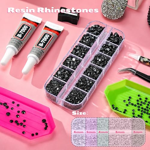 25000 Pcs Resin Jelly Rhinestones Kit, Black 2/3/4/5/6mm Flatback Rhinestones with 2 Pcs B7000 Jewelry Glue & Tools, All-in-One Bedazzling Kit for DIY Arts & Crafts Gifts - color: Black