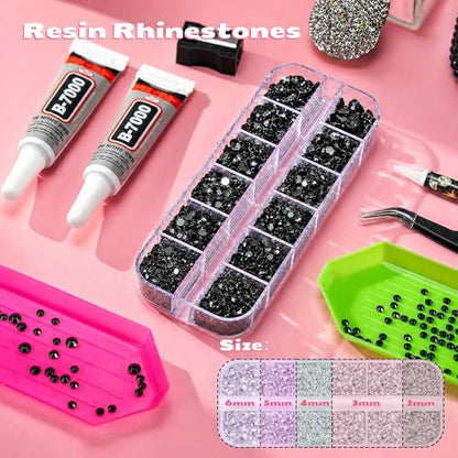 25000 Pcs Resin Jelly Rhinestones Kit, Black 2/3/4/5/6mm Flatback Rhinestones with 2 Pcs B7000 Jewelry Glue & Tools, All-in-One Bedazzling Kit for DIY Arts & Crafts Gifts - color: Black