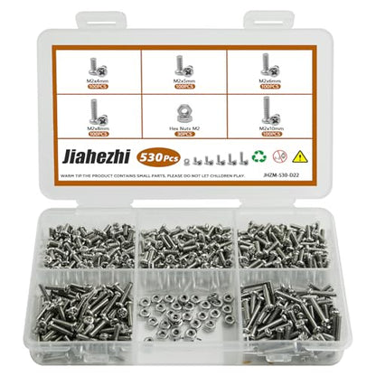 530Pcs 304 Stainless Steel Metric Micro Screws Nuts Assortment, M2x4/5/6/8/10mm Sizes, Phillips Pan Head, Fully Threaded Kit for Arduino, RC Models, Electronics, DIY Projects - size: M2x4/5/6/8/10- 530 Pcs