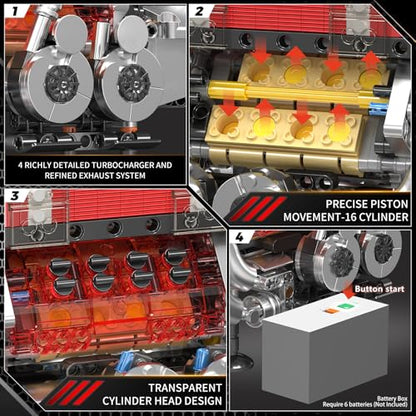 Mould King 10163 W16 Engine Building Blocks Sets, V8 Engine Model kit that Run, Build Your Own STEM Model Engine, 16-Cylinder Car Engine Building Engineering Toys(955+PCS) - style: 10163 Engine Model