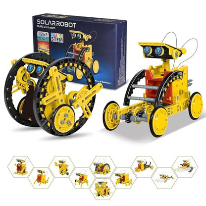 Solar Robot Kit for Kids Age 8-12, STEM Building Toys,12-in-1 Build Your Own Robot with Solar Panel & Battery Power, Science Engineering Christmas Birthday Idea Gifts for Boy Age 8 9 10 11 12 - color: Yellow
