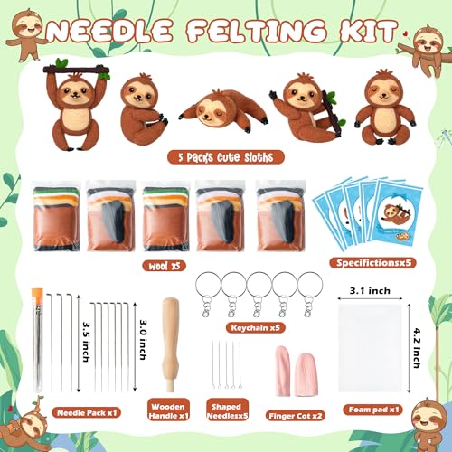 WATINC Needle Felting Starter Kit - Cute Doll Wool Felt Needle Felting Tools Foam Pad, DIY Home Decoration Needle Felting Craft Party Supplies for Beginners - style: Sloth