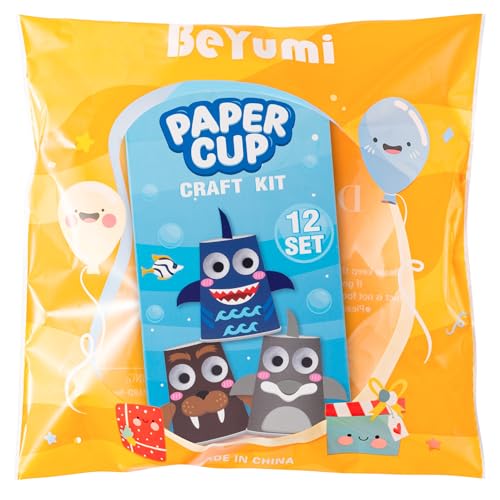 BeYumi Ocean Animals Craft Kit - 12Pcs Summer Arts and Crafts for Kids Toddler Paper Cup Craft Kit with 12 Cartoon Animal Projects DIY Gift for Birthday Party Preschool Classroom Fun Activity Ages 3-6