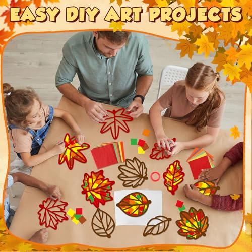 Qyeahkj 36 Set Fall Maple Leaves Suncatchers Crafts for DIY Autumn Window Tissue Paper Crafts Kit Thanksgiving Maple Hanging Decor for Fall Home Activity Art Project Birthday Party Favor Gift - style: Fall Maple