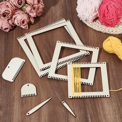 WEBEEDY 8 Pcs Wooden Square Weaving Loom for Adults Beginners, 4 Sizes Small Wood Loom with 2 Wood Needles & 2 Combs for Home Knitting Weaving Art Making Decor