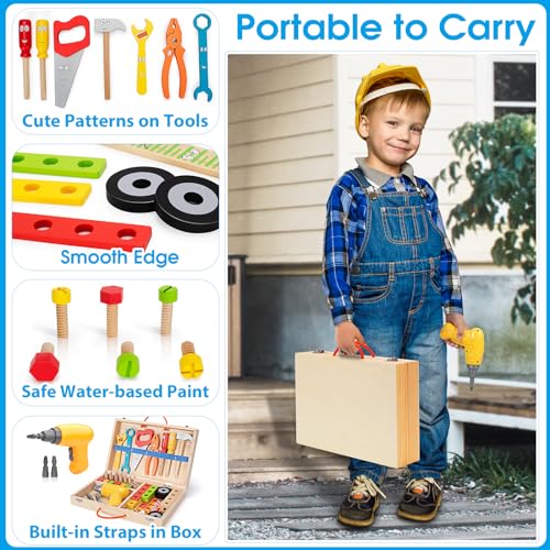 Kids Tool Set Toy with Drill, Stem Montessori Toys for 3 4 5 Years Old Boy Girl, 44 Pcs Wooden Toddler Tool Kits Inc Box, Learning Educational Construction Toy (Pack of 3)
