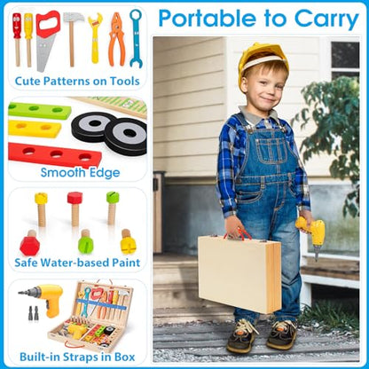 Kids Tool Set Toy with Drill, Stem Montessori Toys for 3 4 5 Years Old Boy Girl, 44 Pcs Wooden Toddler Tool Kits Inc Box, Learning Educational Construction Toy (Pack of 3)