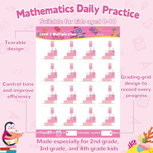 Single&Double Digit Multiplication Math Problem Workbook for 2nd Grade 3rd Grade 4th, Multiplication Practice Worksheets One Page A Day Math for Ages 7-10, Math Repetition Exercise Daily, 56 Pages - style: Level 5（Multiplication）