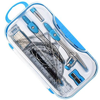 Unjoo Geometry Set 10 Pcs Student Supplies, Protractor and Compass (Blue） - color: Blue