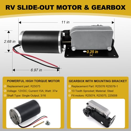 225008 RV Slide Out Motor & Gear Housing Compatible with BAL Accu-Slide Cable Slide Out System, with R25076 R25076-1 RV Slide Out Gear Box and R25075 High Torque Motor for Travel Trailer Camper | 12V