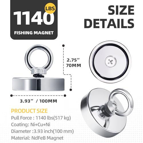 3.93"(100 mm) Fishing Magnet Kit- 1140lbs Large Strong Rare Earth Fish Magnets Heavy Duty with 65ft Rope, Super Neodymium High Power Magnet with Handle for Retrieving in Lake, Beach, Lawn(D100 Set) ﻿ - size: D100 Set