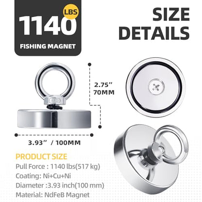 3.93"(100 mm) Fishing Magnet Kit- 1140lbs Large Strong Rare Earth Fish Magnets Heavy Duty with 65ft Rope, Super Neodymium High Power Magnet with Handle for Retrieving in Lake, Beach, Lawn(D100 Set) ﻿ - size: D100 Set