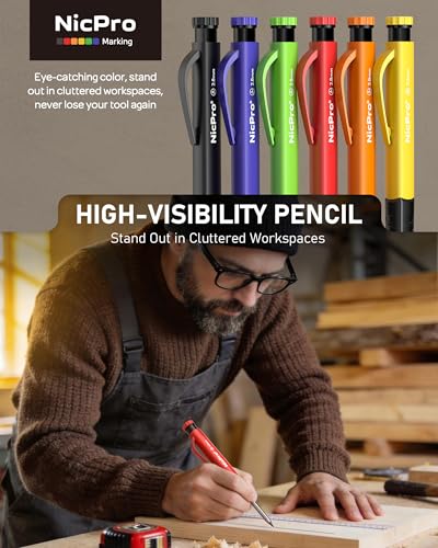 Nicpro 6 Pack Upgraded 3-IN-1 Carpenter Pencil Set with Finger Grip, Construction Pencils with 54 Refill & Mini Spirit Level, Deep Hole Carpenter Tool, Mechanical Carpenter Pencil for Woodworking - size: 6 PACK