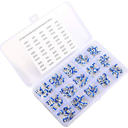 150 Pcs 15 Value 100 ohm- 2M ohm Trimpot Variable Resistor 6mm Potentiometer Assortment Kit