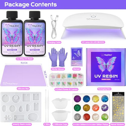 HeyClear UV Resin Molds Kit 200g with Large UV Light for Jewelry Making - size: Upgraded Large Light Kit