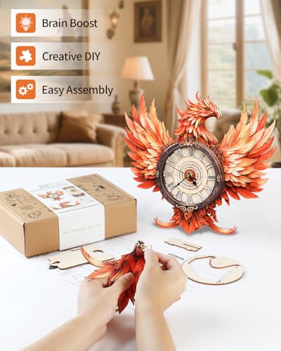 3D Puzzles for Adults-Wooden Fire Phoenix Clock Puzzle DIY Clock Model Kit