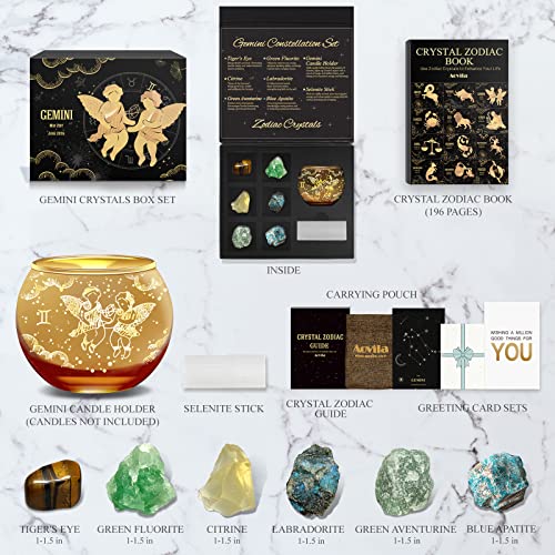 Aovila Gemini Birthday Gifts for Women - Gemini Candle Holder Crystals Birthstones Box Set - Zodiac Astrology Horoscope Gifts for Her Mother Sister Best Friends - color: Gemini With Candle Holder