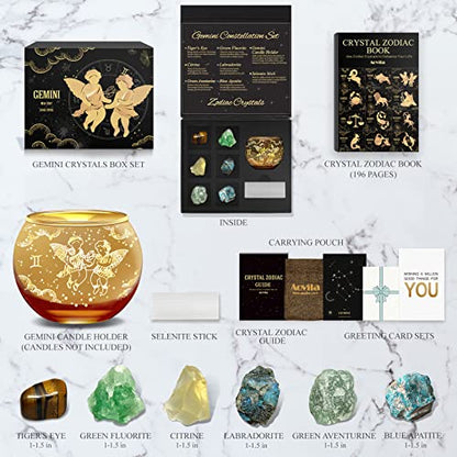 Aovila Gemini Birthday Gifts for Women - Gemini Candle Holder Crystals Birthstones Box Set - Zodiac Astrology Horoscope Gifts for Her Mother Sister Best Friends - color: Gemini With Candle Holder