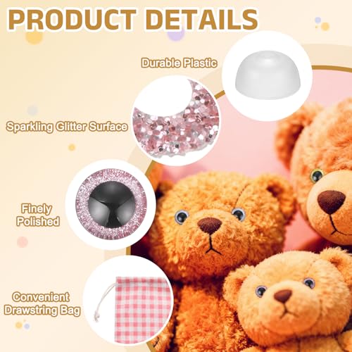 MECCANIXITY 12 Pcs Glitter Safety Eyes, 9mm Plastic 3D Crochet Doll Eyes with Washers and Drawstring Bag for Puppet Bear DIY Crafts Stuffed Animals Making Supplies, Pink - color: Pink