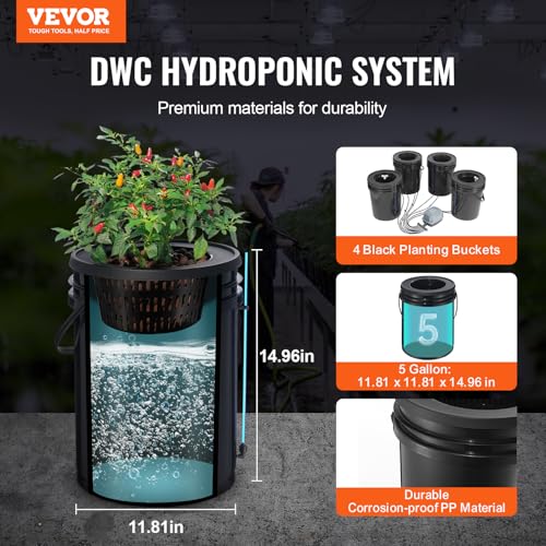 VEVOR DWC Hydroponics Grow System, Hydroponic Growing System with Top Drip Kit, Deep Water Culture 5-Gallon 4 Buckets, with Air Pump, Air Stones and Water Level Device for Leafy Vegetables - style: 4 Buckets+Top Drip Kit