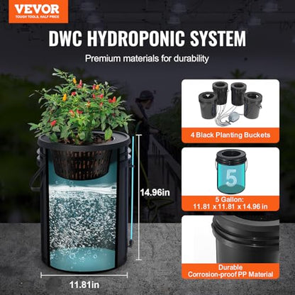 VEVOR DWC Hydroponics Grow System, Hydroponic Growing System with Top Drip Kit, Deep Water Culture 5-Gallon 4 Buckets, with Air Pump, Air Stones and Water Level Device for Leafy Vegetables - style: 4 Buckets+Top Drip Kit