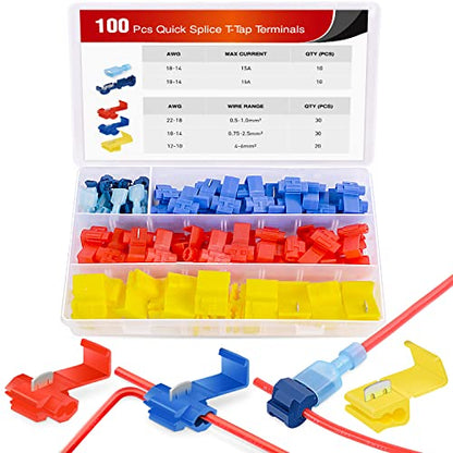 Nilight 100PCS Quick Splice Solderless Wire and T-Tap Electrical Connectors 22-18 18-14 12-10 AWG T Tap Insulated Terminal Assortment Kit & 50005R Heat Shrink 2:1 Electric Insulation Tube Kit
