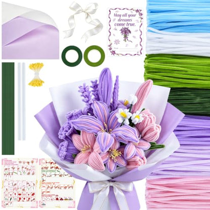 Anyeve 600 PCS Pipe Cleaners Craft, Pipe Cleaner Flower Kit in 7 Colors, Chenille Stems Bouquets, Fluffy Pipe Cleaners, Ribbons and Flower Paper, Instructions for Easy Operation, DIY Enthusiasts - color: 600PCS-7 Color