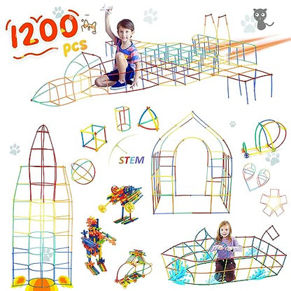 Ggiibro Straw Constructor Toys 1200Pcs STEM Building Toys Aged for 3 4 5 6 7 8+ Interlocking Plastic Toys Preschool Engineering Thin Tube Blocks Toy Educational Toy Kit for Classroom Kids Toys Set - color: 1200pcs Rainbow
