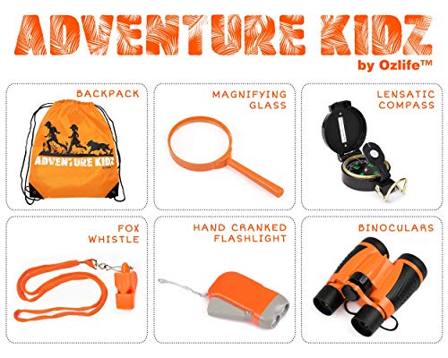 Adventure Kidz - Outdoor Exploration Kit, Binoculars with Case, Flashlight, Compass, Whistle, Magnifying Glass, Backpack, Bundle (14 Items)