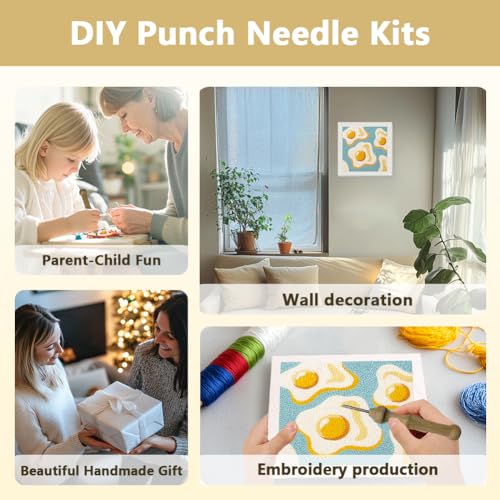 DOODLREAM Fried Egg DIY Punch Needle Embroidery Kit for Adult Beginner, 9.4" Playful Food Punch Stitching Craft Set for Starter with Frame, Fabric Pattern, Threader, Yarn, Punch Needle - color: Fried Egg