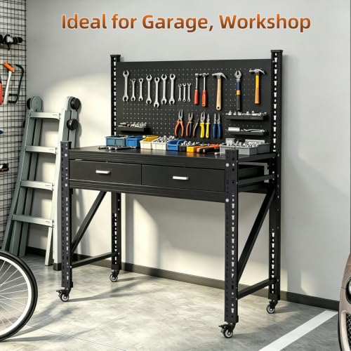 Rolling Steel Workbench with Pegboard and 2 Drawers, 2 Pack - size: 47.2"H x 49.4"W x 17.7"D