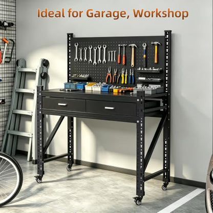 Rolling Steel Workbench with Pegboard and 2 Drawers, 2 Pack - size: 47.2"H x 49.4"W x 17.7"D