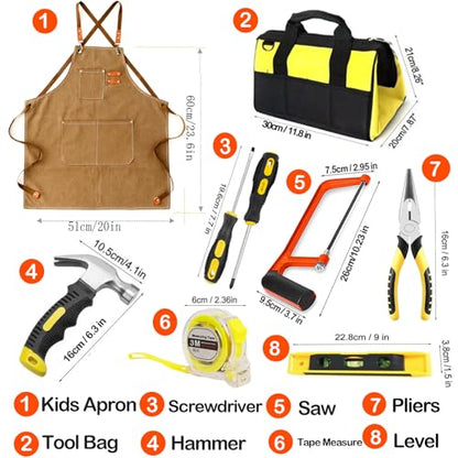 38-Piece Kids Real Tool Set with Tool Bag & Woodworker Apron, Hand Saw, Children Construction Tools for Ages 6+, Boys & Girls Birthday Gift for DIY Building and Woodworking