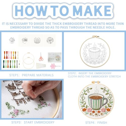 FREEBLOSS 4 Set Embroidery Kit for Adult Beginners Floral Coffee Tea Stamped Patterns Embroidery Starter Kit with Instructions Hand Needlepoint Starter Set Cross Stitch Kits for Women Craft 7.9inch