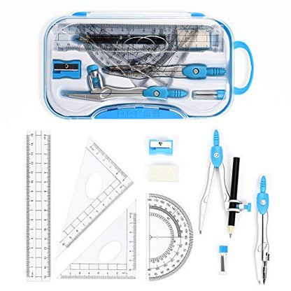 Unjoo Geometry Set 10 Pcs Student Supplies, Protractor and Compass (Blue） - color: Blue