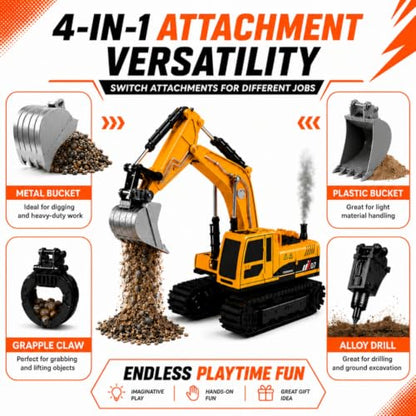 RC Excavator Toy for Boys Age 4-7 8-12, 4-in-1 Remote Control Excavator with Metal Bucket, Breaker & Grapple, 2.4GHz Construction Vehicle