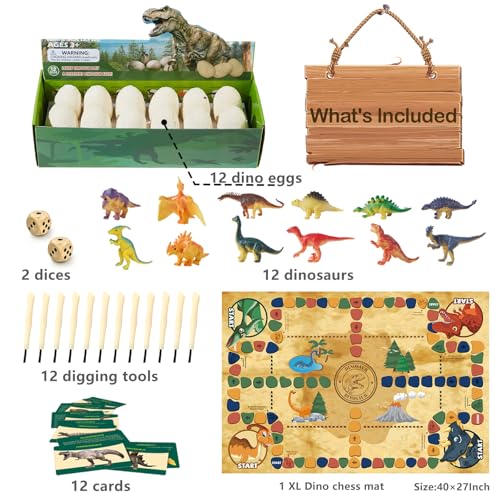Dino Fossil Eggs Dinosaur Toys - 12 Dinosaur Eggs Dig Excavation Kit w Play Mat for Kids Ages 5-7 Easter Basket Essentials STEM Toy Christmas Birthday Gift for Boys Girls 3 4 5 6 7 8 + 8-13 Years Old